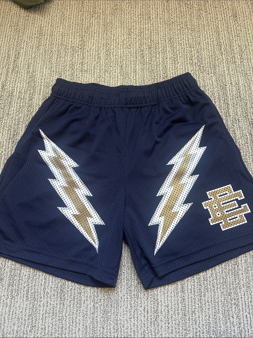 Men's Eric Emanuel Navy Athletic Mesh Shorts with Gold Lightning Accents